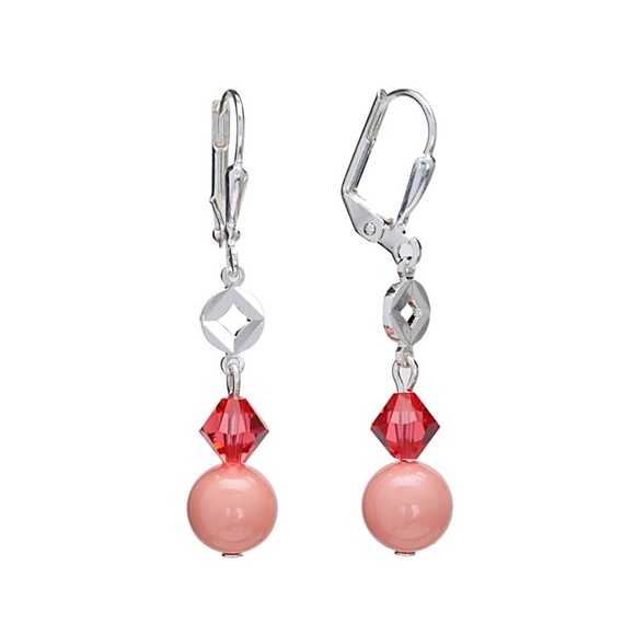 Silverplated Coral Pearl Leverback Earrings with Swarovski crystals - Picture 1 of 1